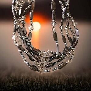 Multi Strand Beaded Necklace Silver Crystal Glass Sparkly Gray Statement Layered